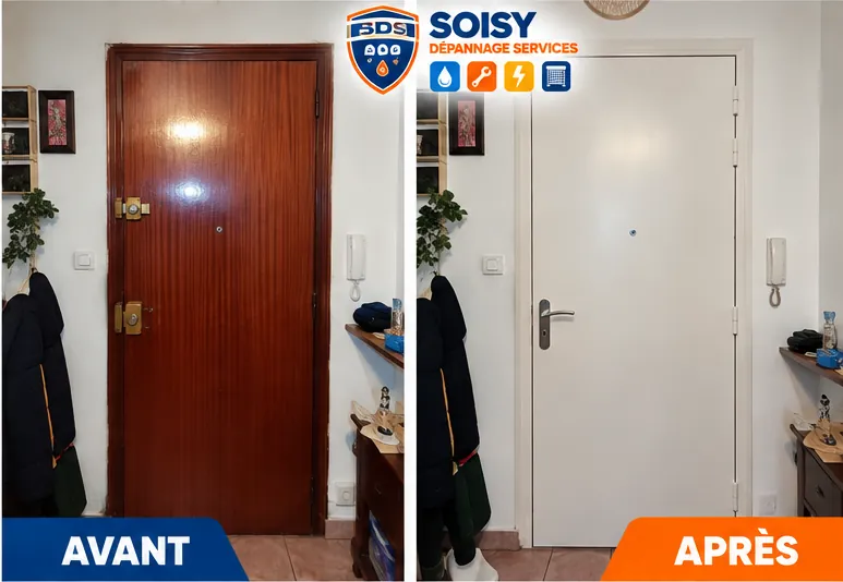Avant / après : remplacement de serrure et rénovation de porte palière